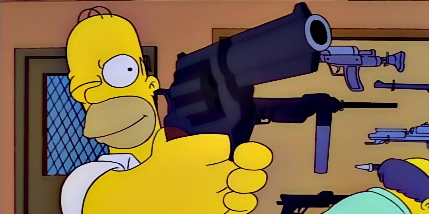 Homer Simpson playing with a gun