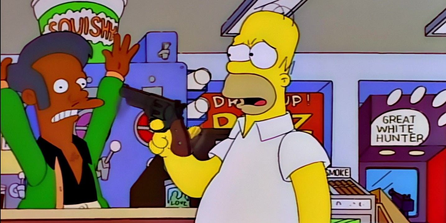 Homer Simpson pointing a gun to Apu