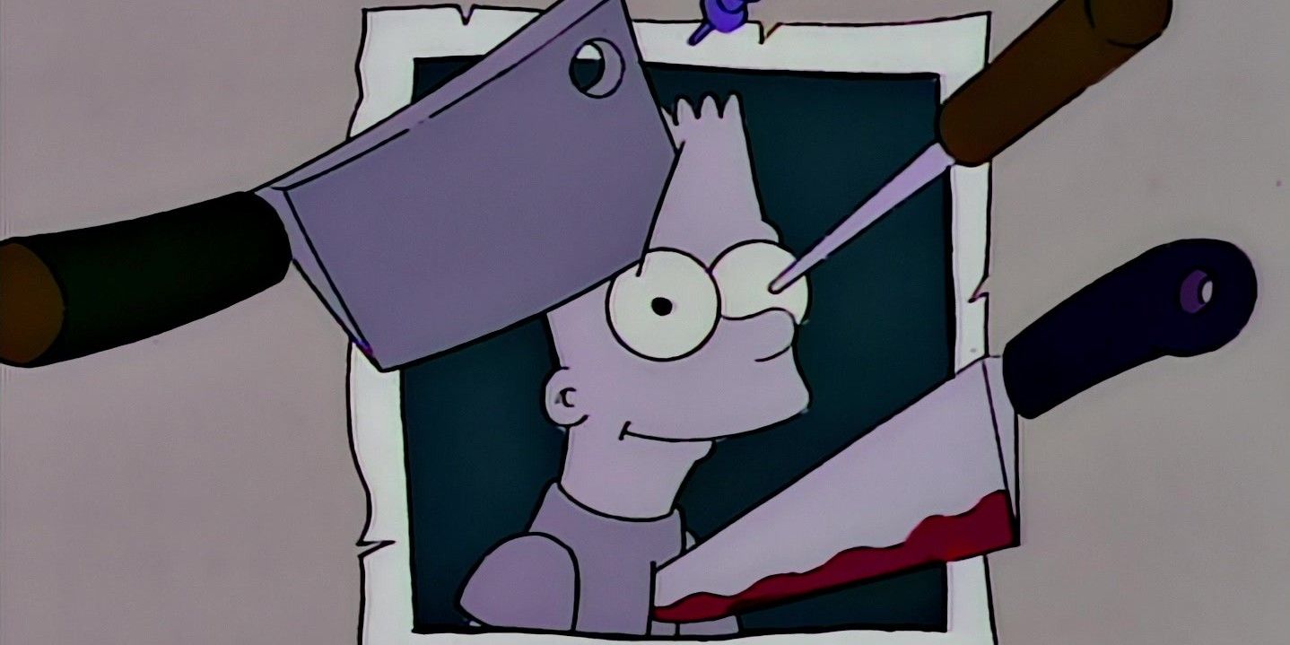 A picture of Bart Simpson with several knifes stuck to it