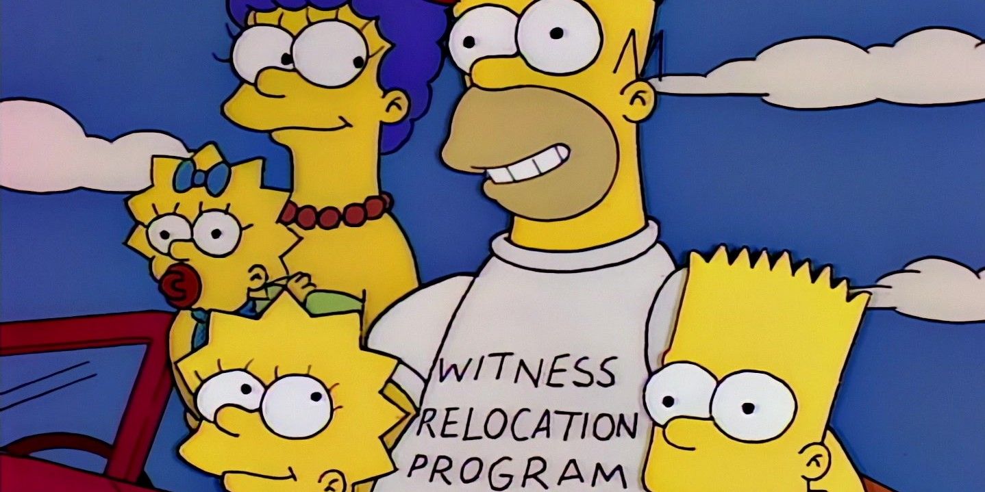 The Simpson family going into the witness relocation program, with Homer wearing a shirt that says "witness relocation program"