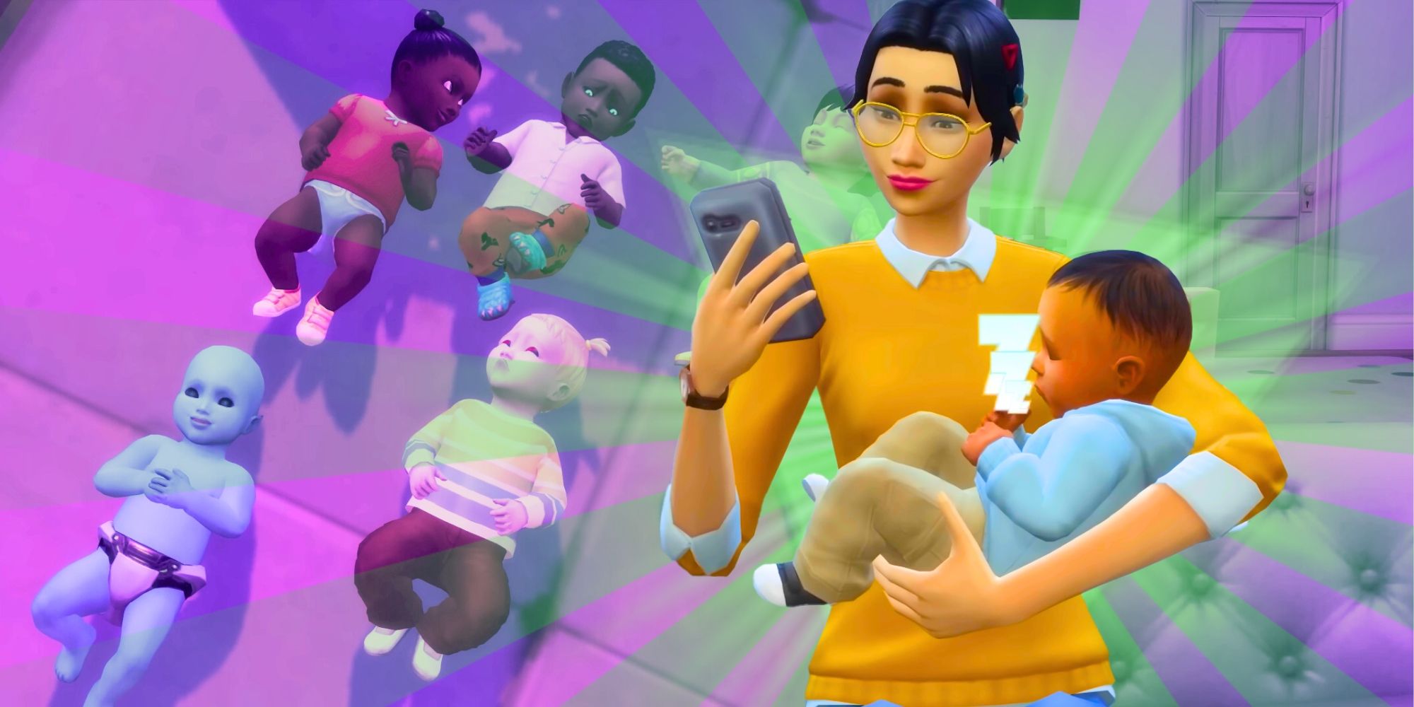 A mother holding her baby with other babies in the background from The Sims 4