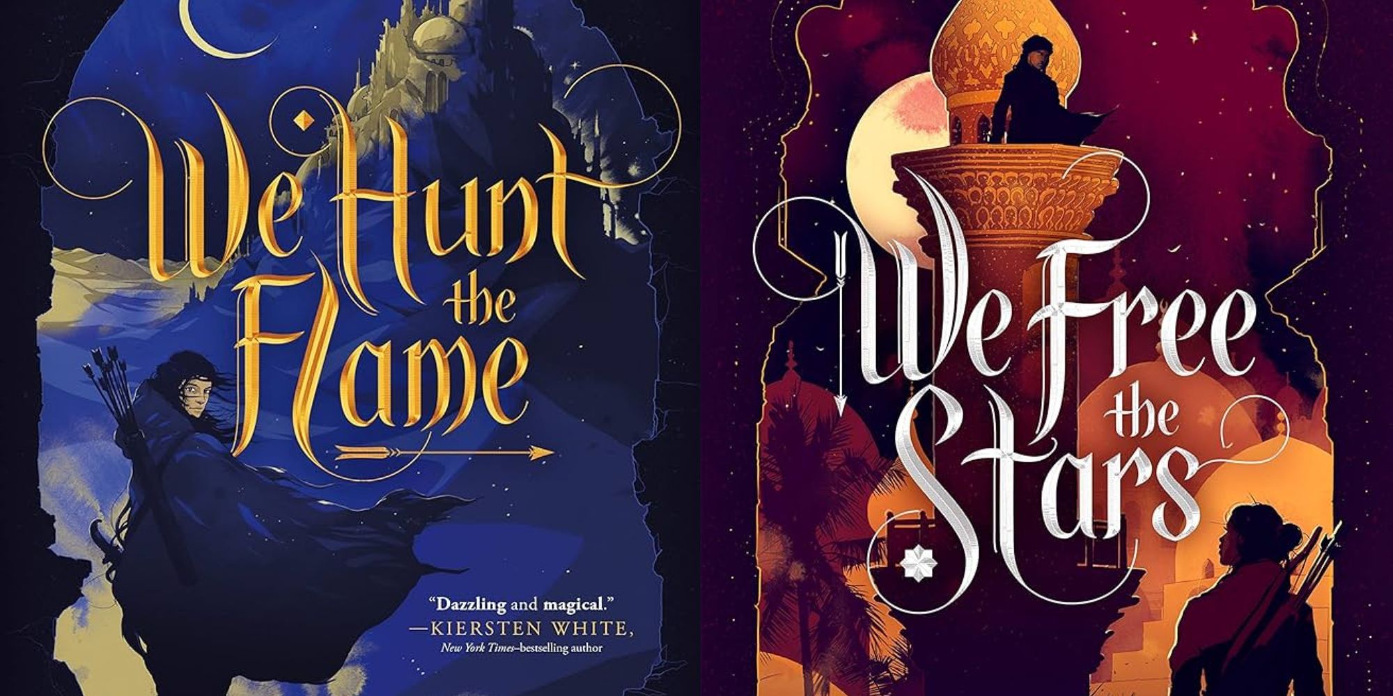 Split image of we hunt the flame and we free the stars book covers