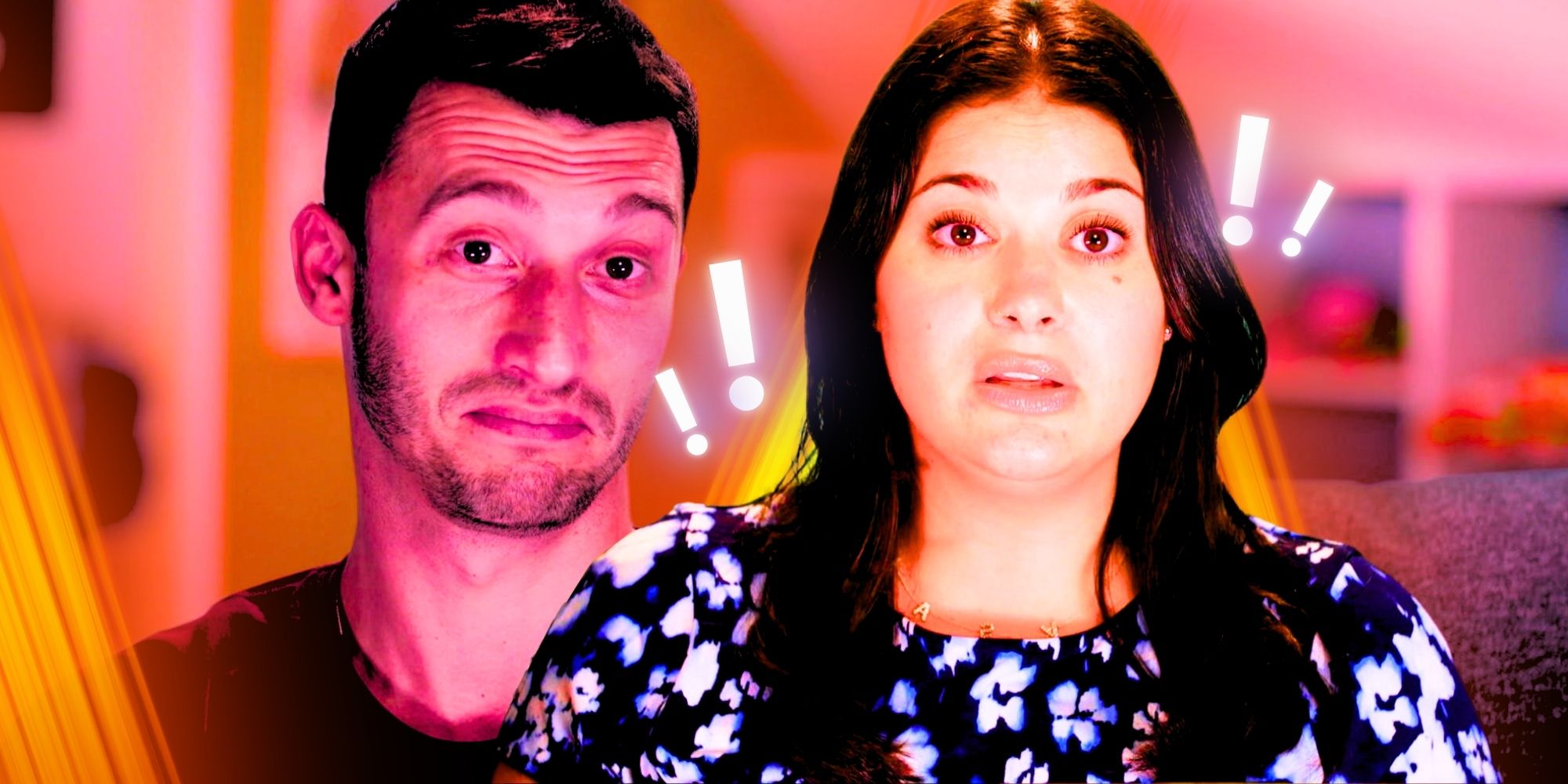 90 Day Fiancé's Alexei and Loren Brovarnik looking unsure with exclamation points and pink filtered background