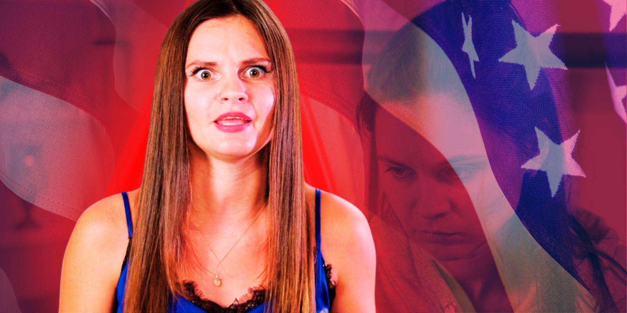 Montage of 90 Day Fiancé’s Julia Trubkina looking surprised, with USA flag background