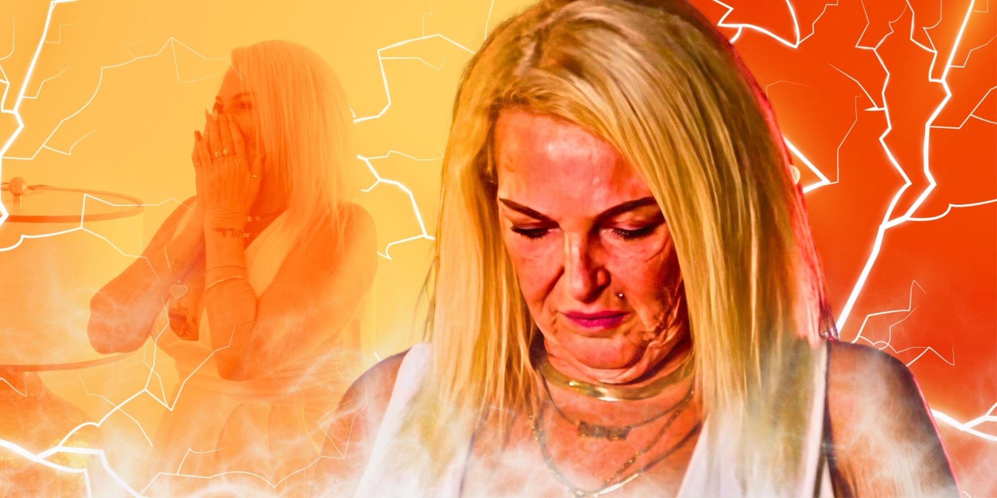 Montage of 90 Day Fiance's Angela Deem sad and crying, with lightning bolts in the background
