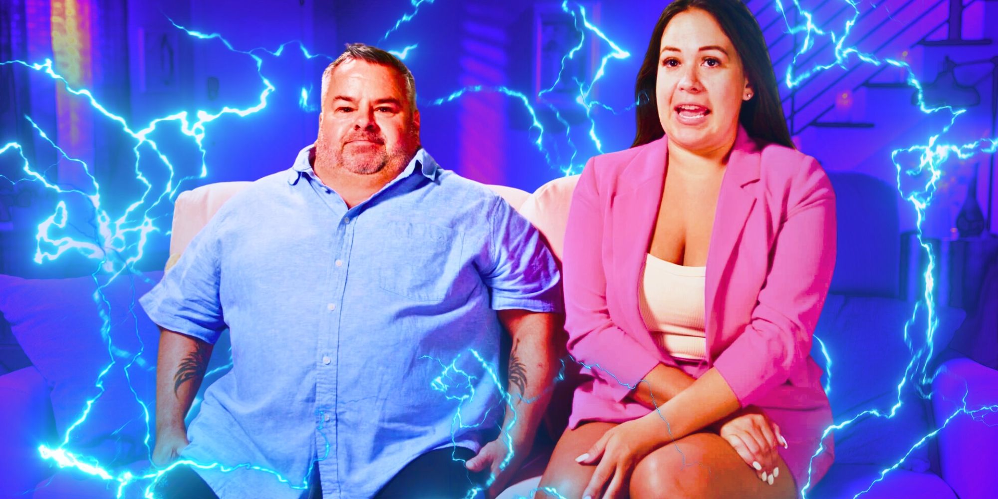 90 Day Fiancé, Big Ed Brown in a blue shirt and Liz Woods in a pink blazer sit side by side for a confessional interview.