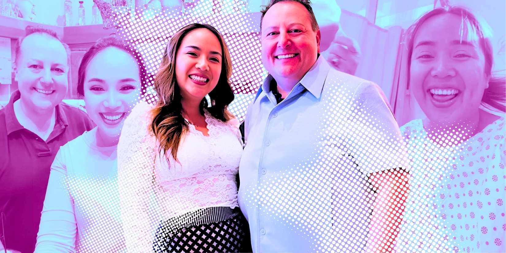 90 Day Fiancé stars Annie in lacy white blouse and David in white shirt standing next to each other for happy picture