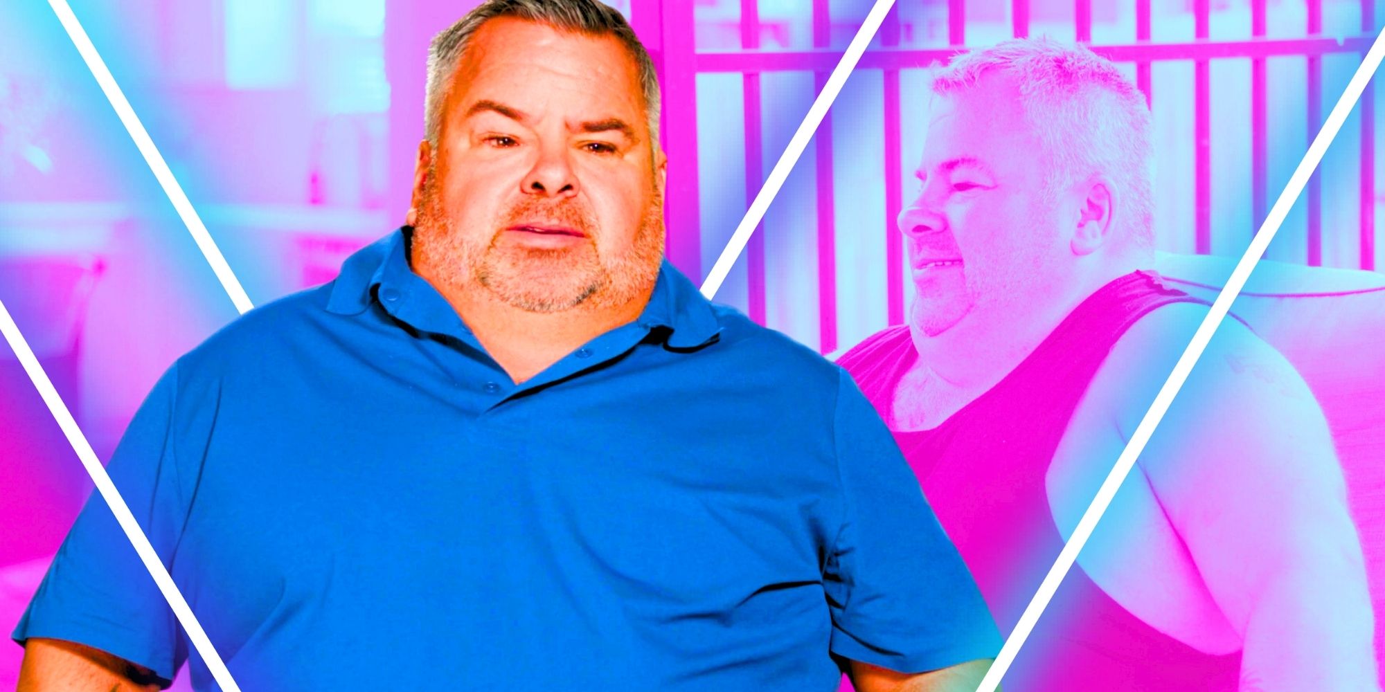 90 Day Fiance's Big Ed Brown wears a blue tank top while talking in the background in a montage image.