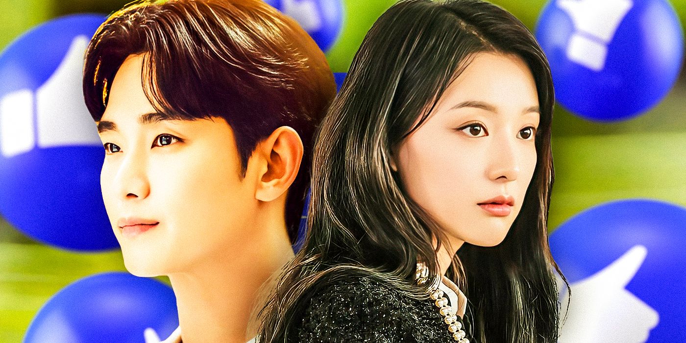 Queen of Tears' Baek Hyun-woo and Hong Hae-in in front of a like button background.
