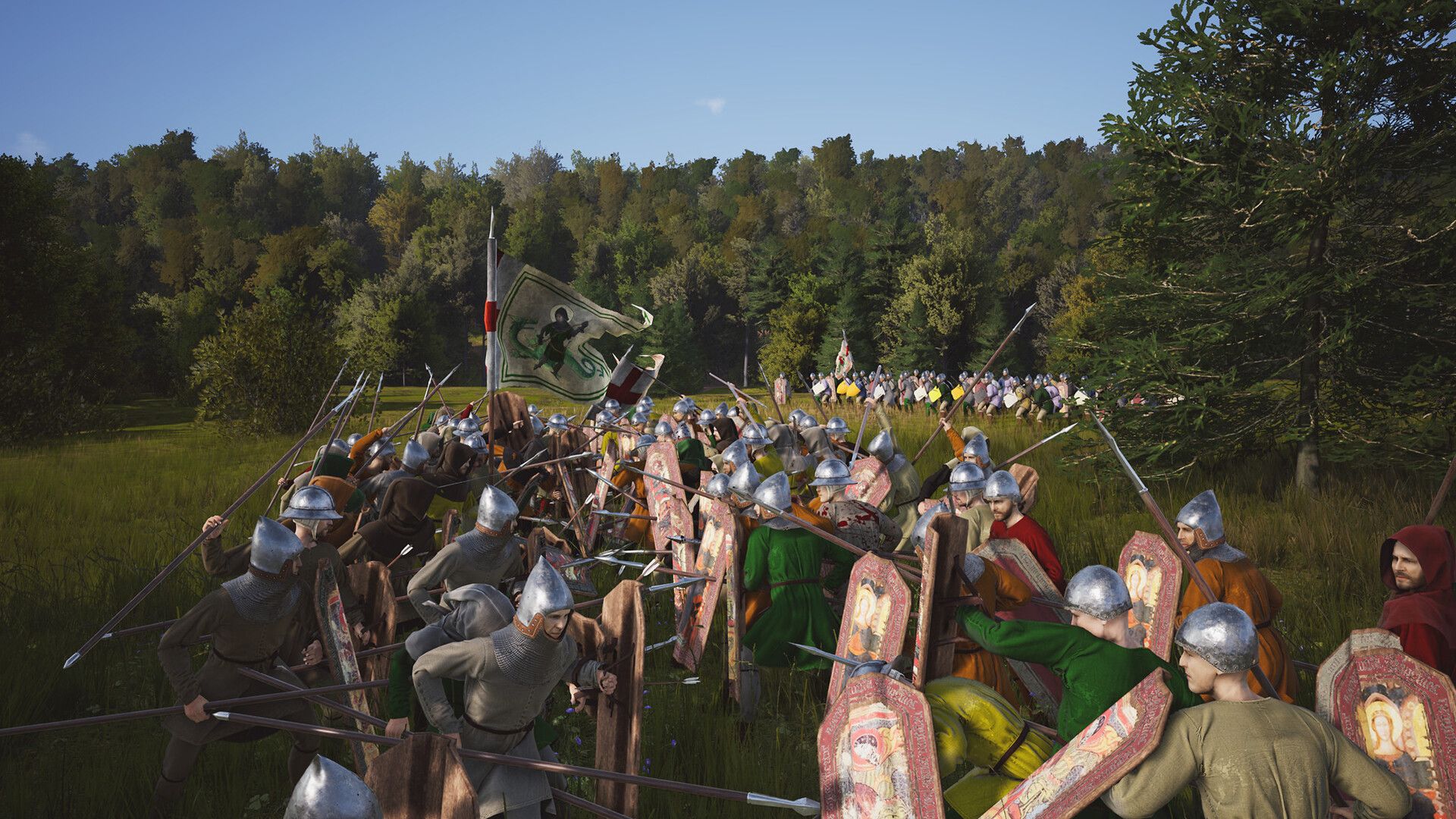 Uma batalha em senhores senhoriais com soldados usando capacetes de ferro atacando uns aos outros com lanças e espadas em um exuberante campo rural