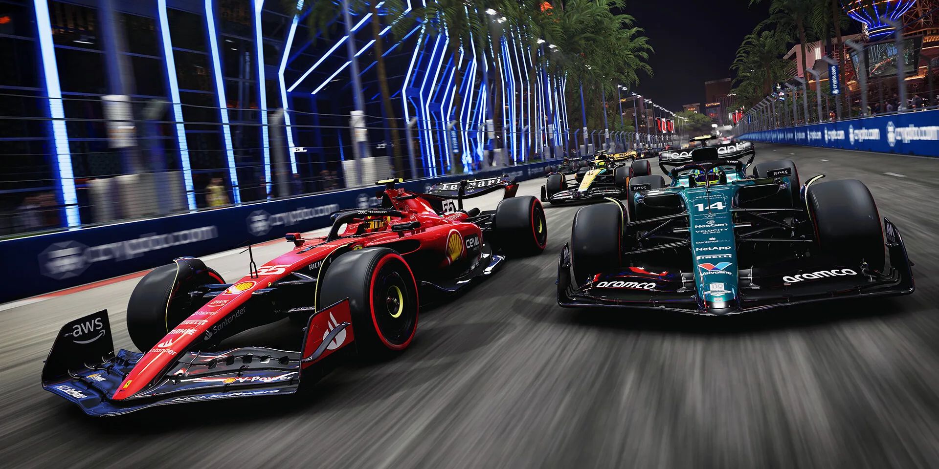 Um carro preto e um carro vermelho lutam pelo domínio no Vegas Street Circuit em uma captura de tela do F1 24.