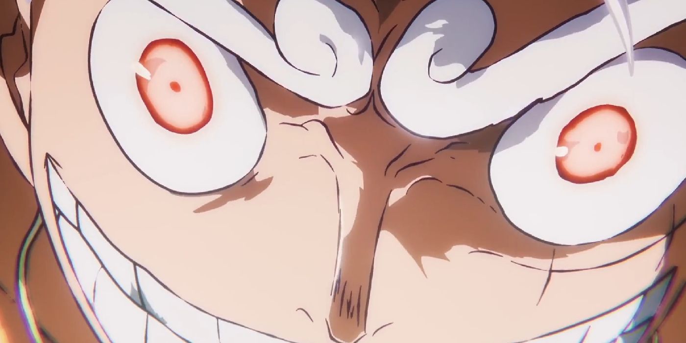 um close do olhar enlouquecido de Luffy na marcha cinco com olhos vermelhos brilhantes inteiros