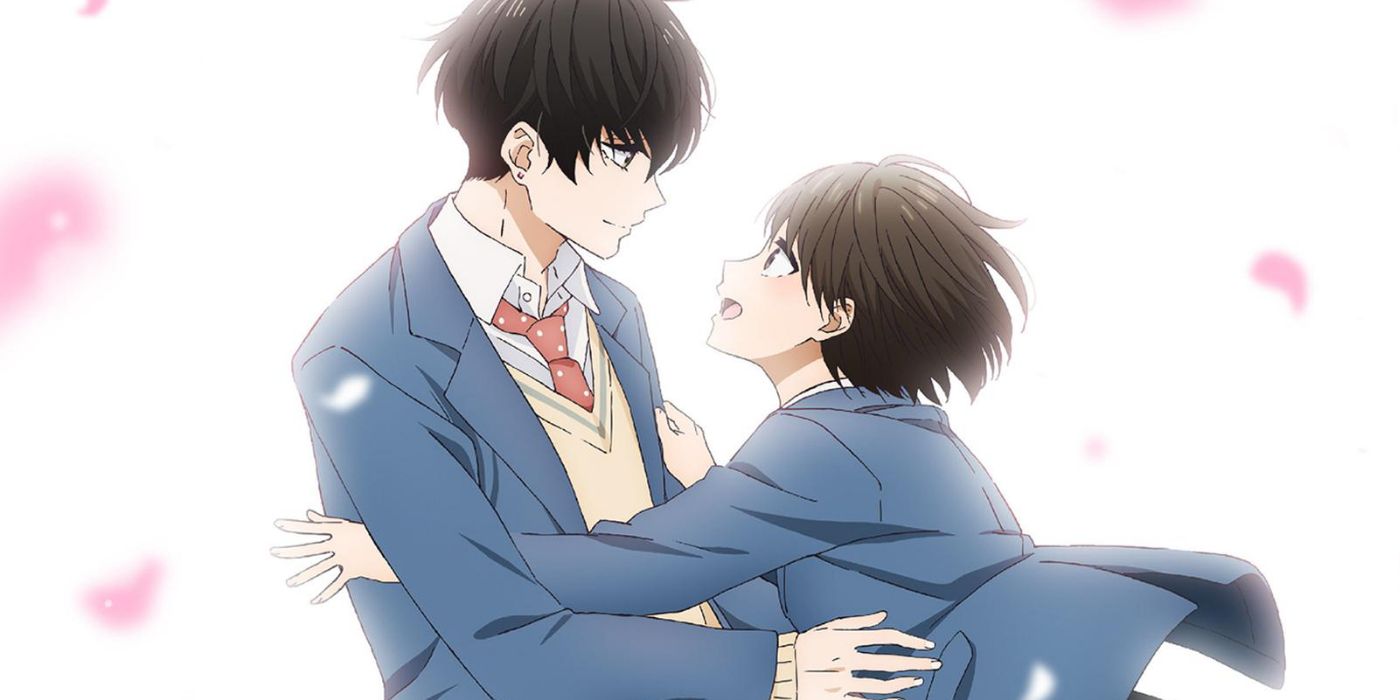 A Condition Called Love é o principal visual do anime dos dois protagonistas em seus uniformes escolares se estendendo para se abraçar.
