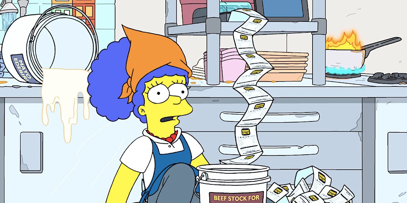 A dazed Marge sits slumped in a busy kitchen from The Simpsons season 35 episode 14