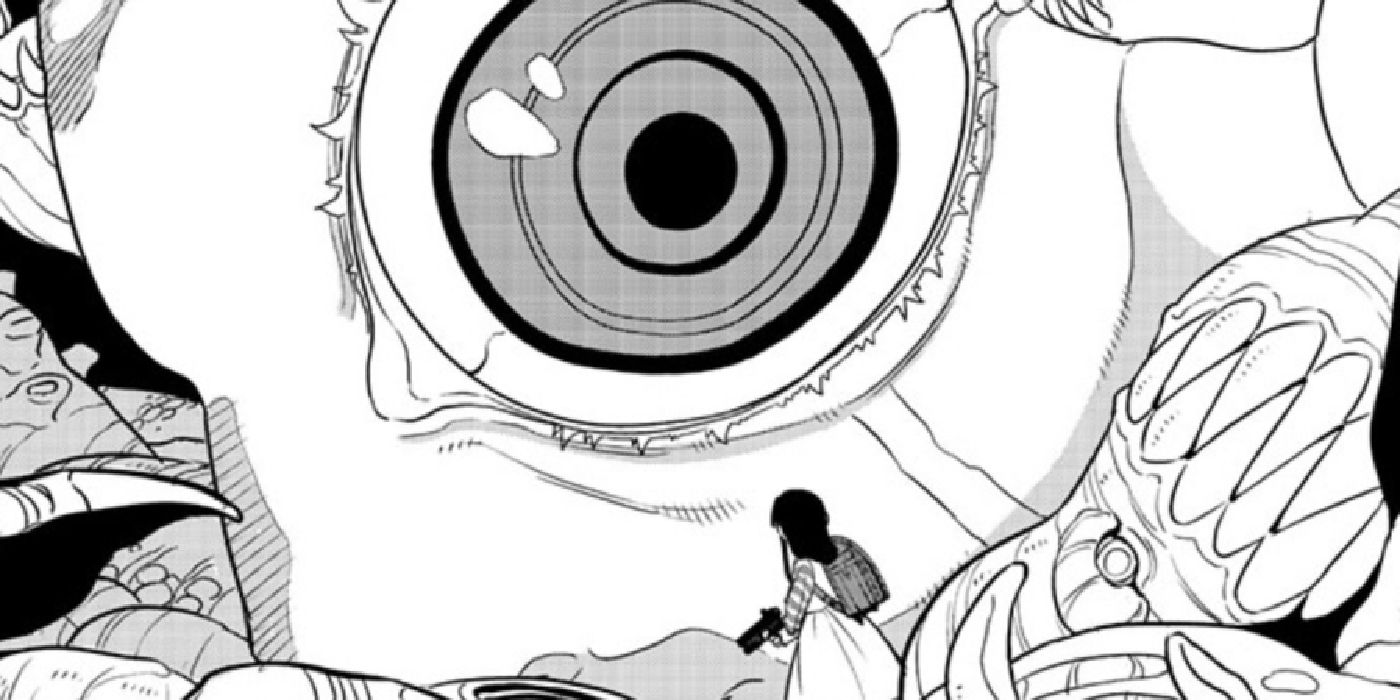 Um olho de monstro gigante encara uma menina empunhando uma arma em Kaiju No.