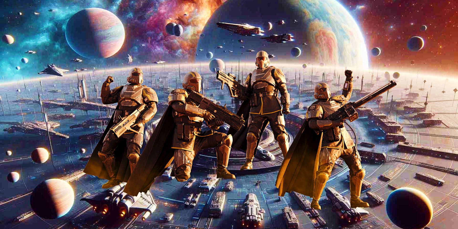 Um grupo de Helldivers em várias poses de vitória em frente a uma grande estação espacial cercada por vários planetas e luas na arte de Helldivers 2.