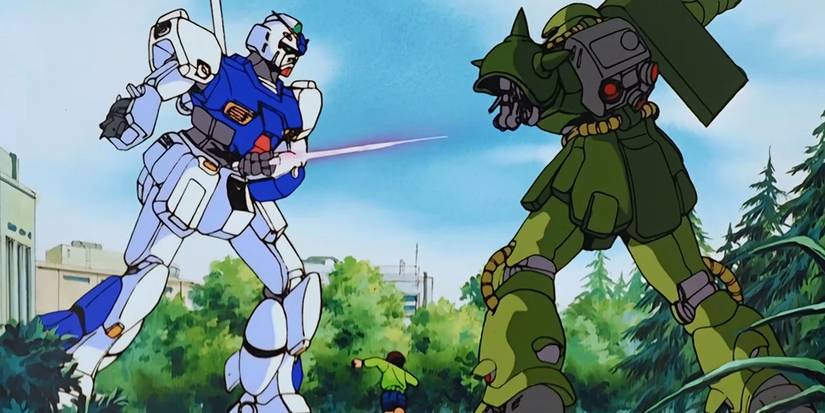 Chris' Gundam facing off against Bernie's Zaku as Al run toward the two to stop the fighting.