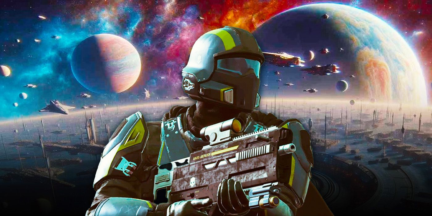 A Helldivers 2 soldier with planets and ships behind them.