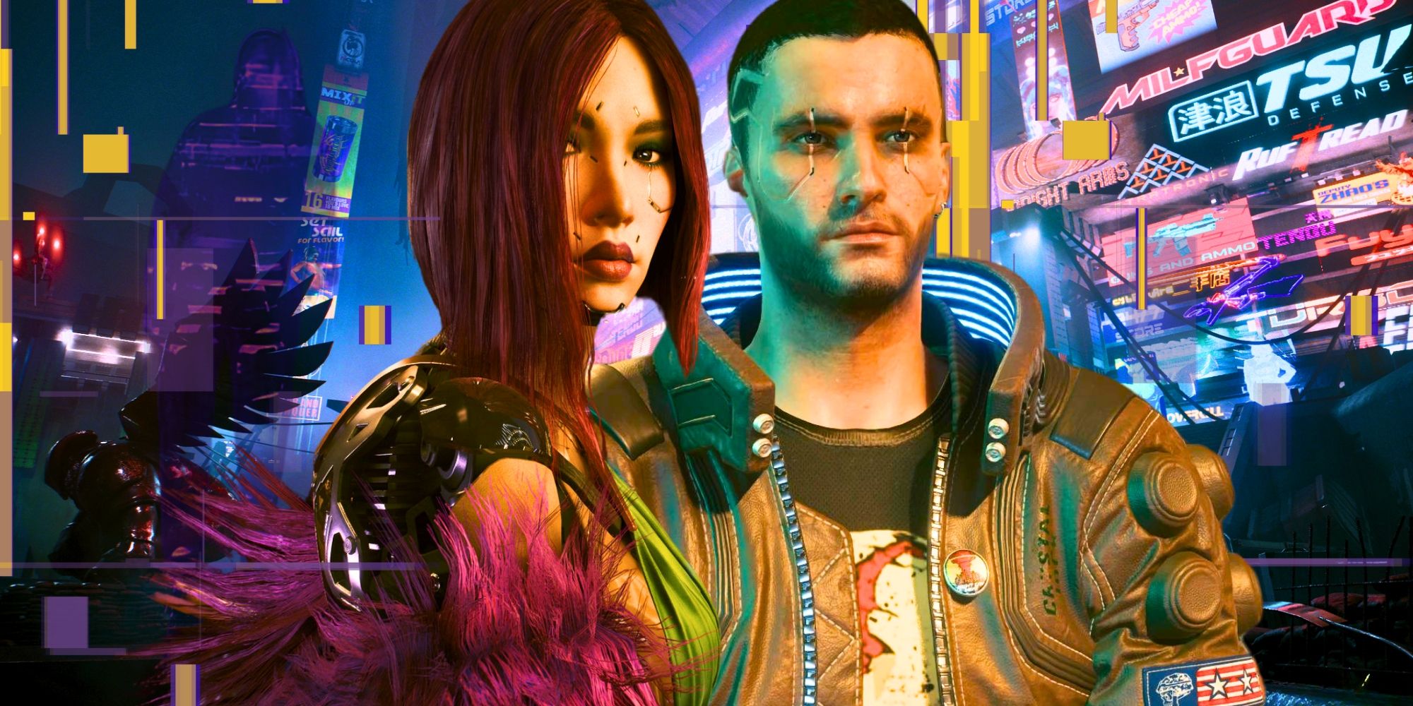 V and Songbird from Cyberpunk 2077 with a ghostly figure in the background.