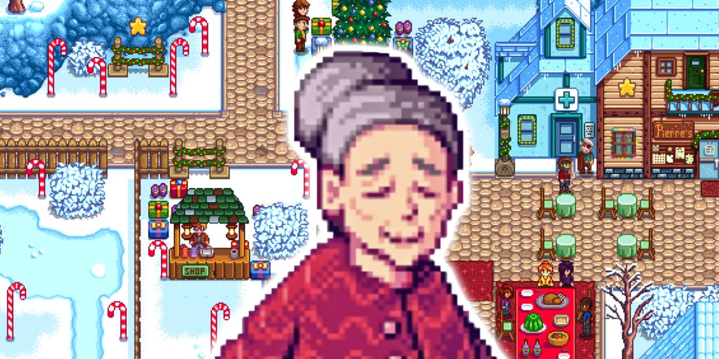 Evelyn from Stardew Valley wearing a red coat and smiling, behind her is a scene from the Feast of the Winter Star