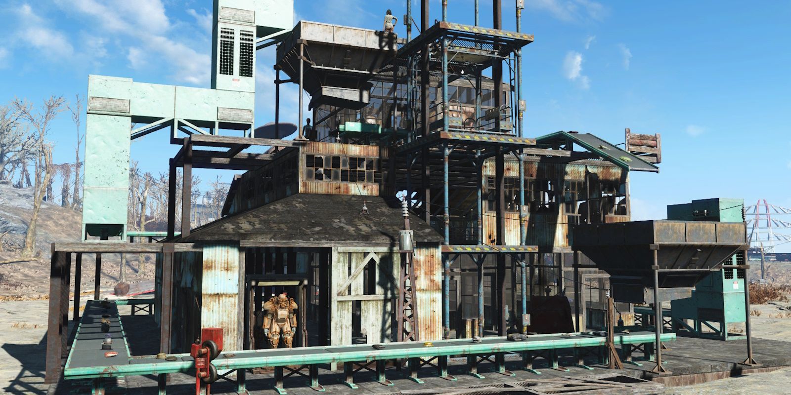 Uma grande estrutura de assentamento construída a partir de elementos DLC do Fallout 4 Contraptions Workshop