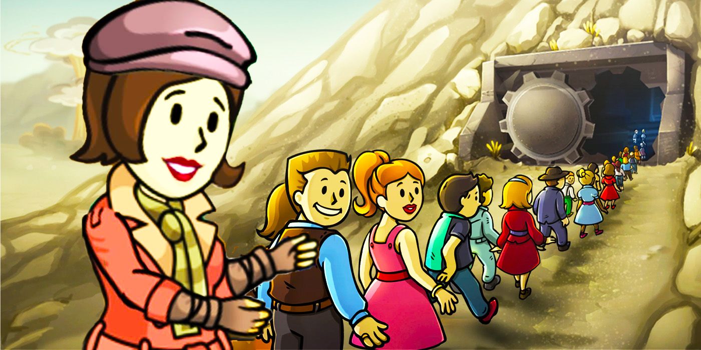 A Line Of Vault Dwellers Queuing To Enter A Vault In Fallout Shelter Guided By Piper Wright From Fallout 4