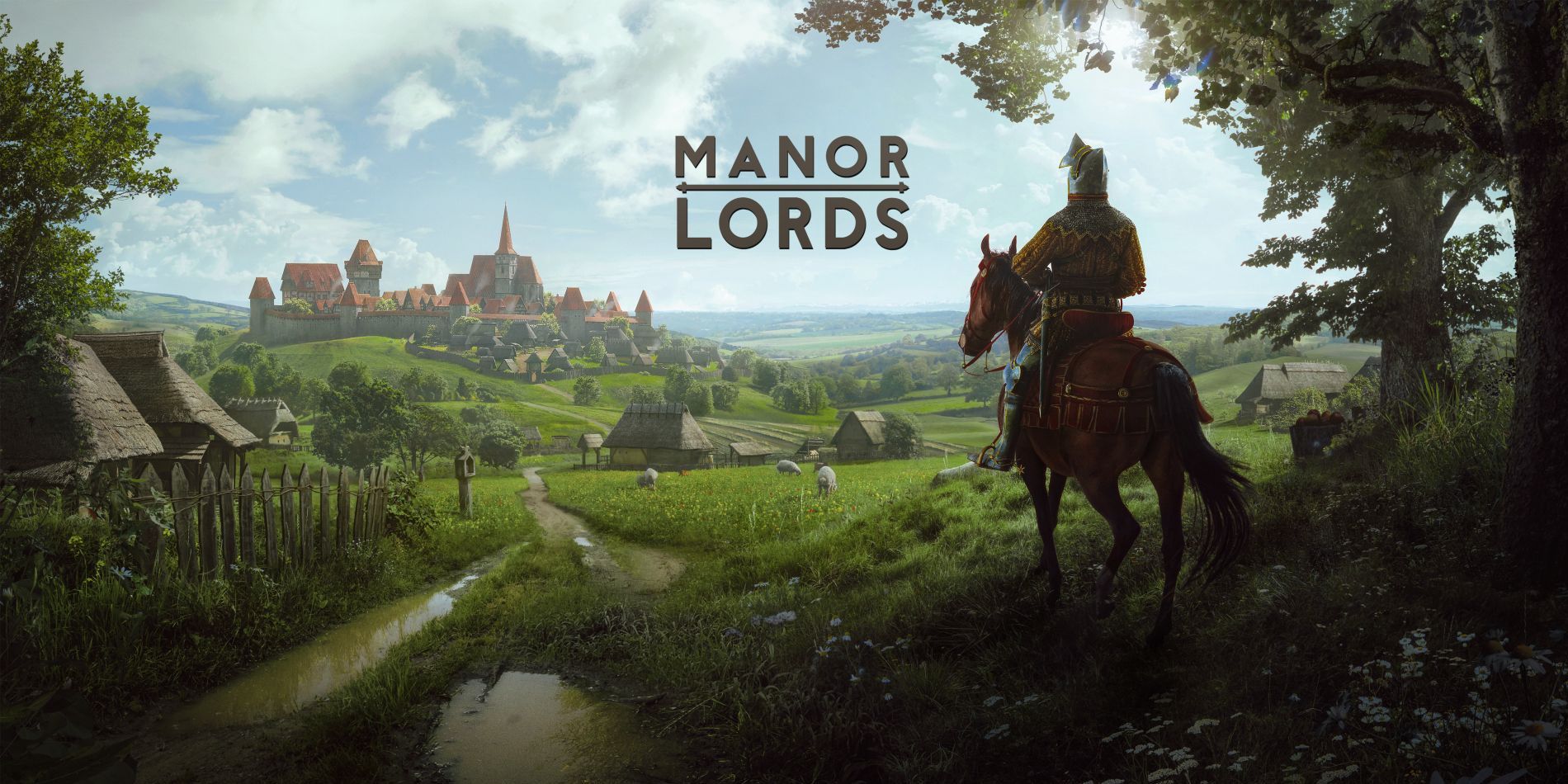A lord rides a brown horse down a grassy road, toward a hilltop village with high walls and spires rising from it, in key art from Manor Lords.(1)