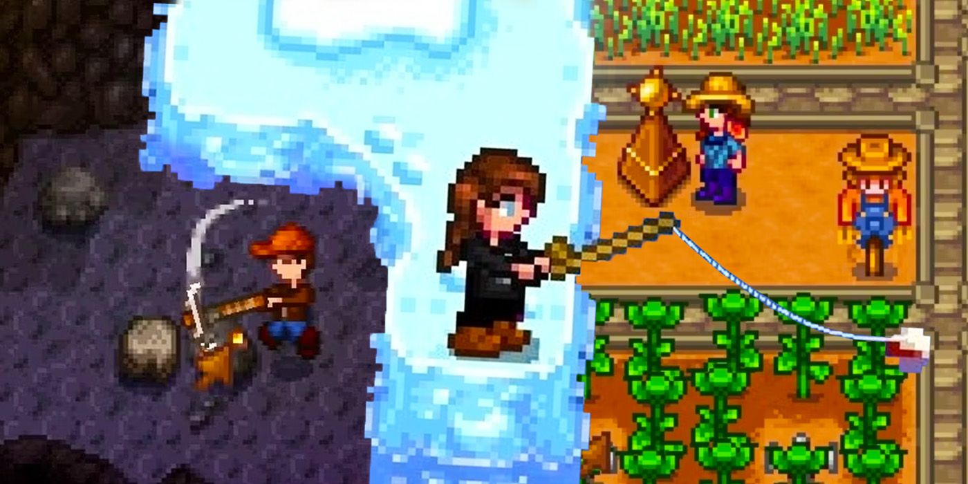 A miner, farmer, and someone fishing from Stardew Valley.