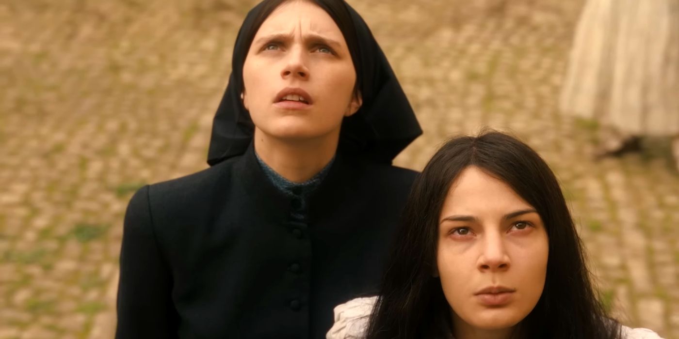 A Nun Looking Upward in Shock in The First Omen
