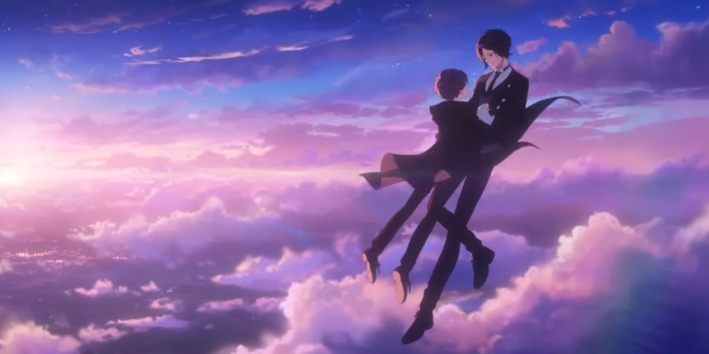 A screenshot from the Black Butler -Public School Arc- Ending animation of Sebastian and Ciel floating together in the sky