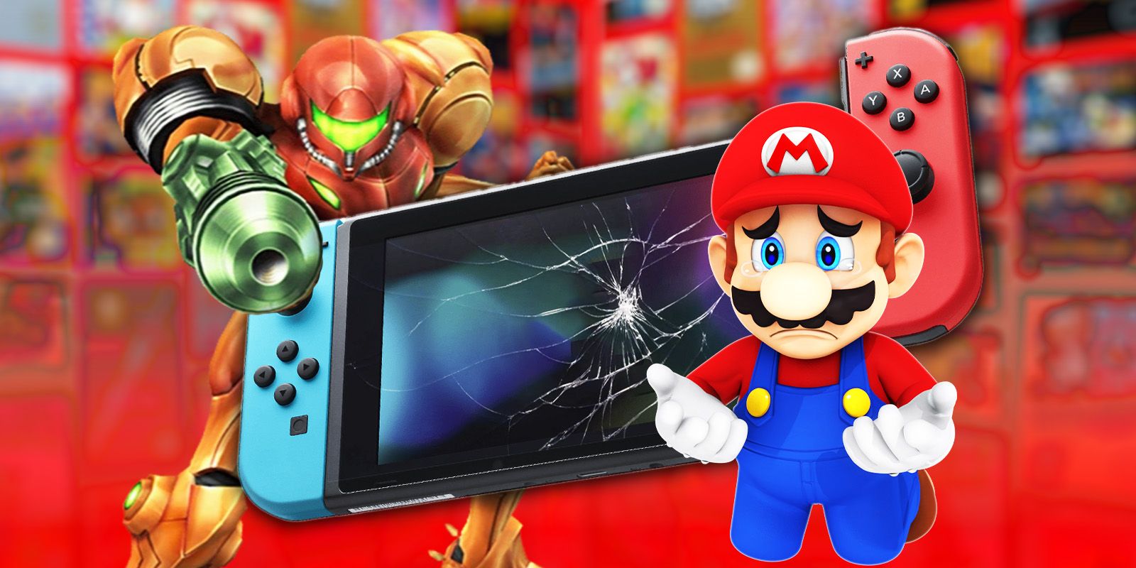 Um Nintendo Switch quebrado com Mario com uma lágrima escorrendo pelos olhos e Samus irritado.