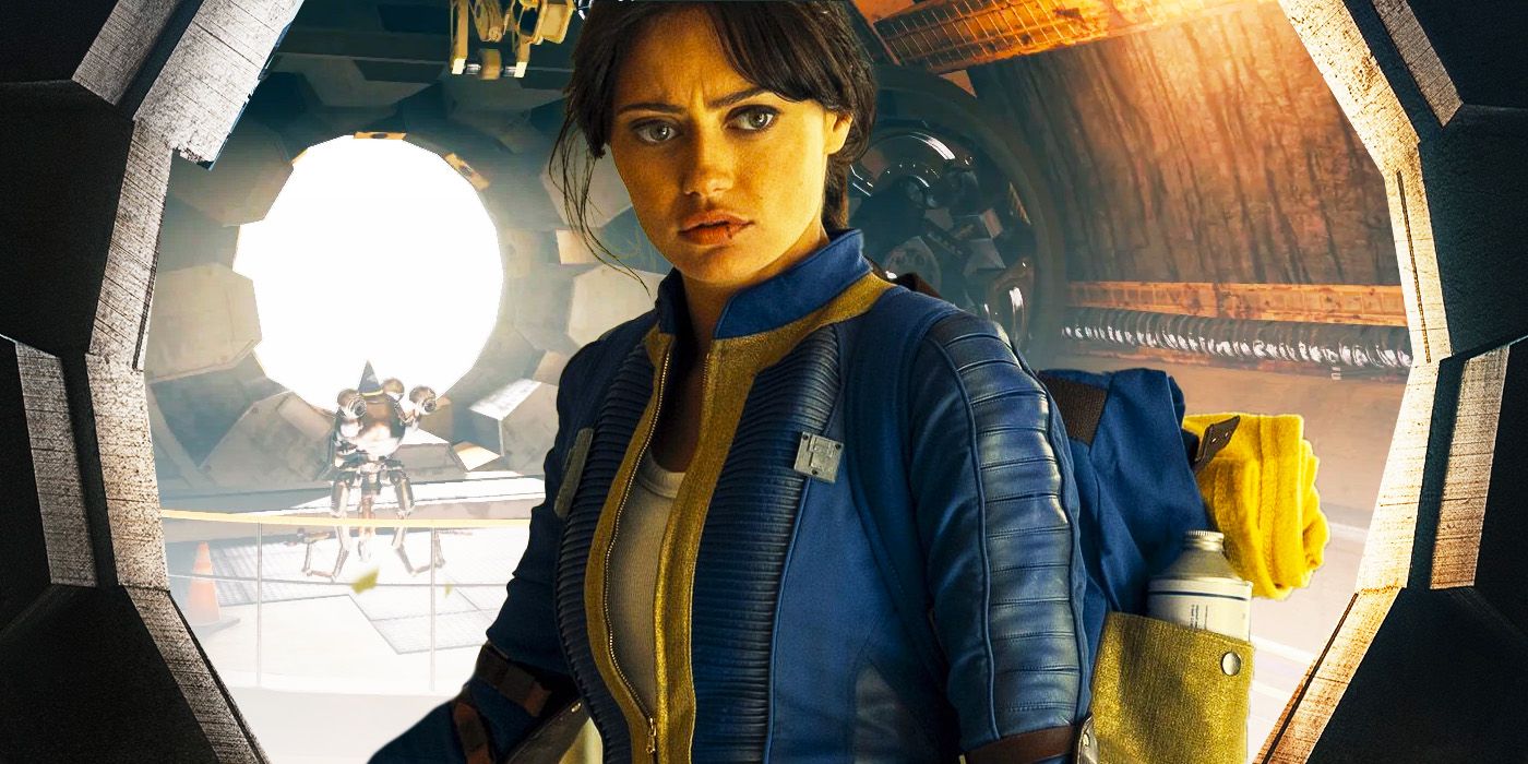 A Shot Of Ella Purnell As Lucy Maclean Wearing Her Vault 33 Backpack Against A Fallout 76 Vault Background