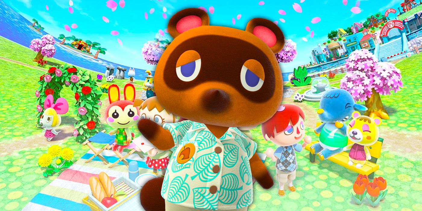 A Shot Of Tom Nook Wearing A Nook Inc Shirt Against An Animal Crossing New Horizons Backdrop With Tropical Islands And Islanders Celebrating Spring