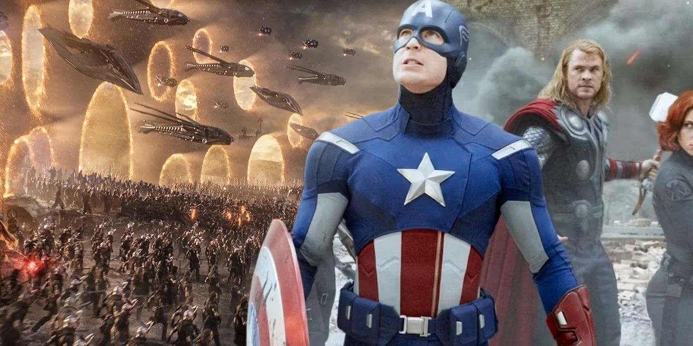 A split image of Captain America from The Avengers (2012) and the portal scene from Avengers Endgame