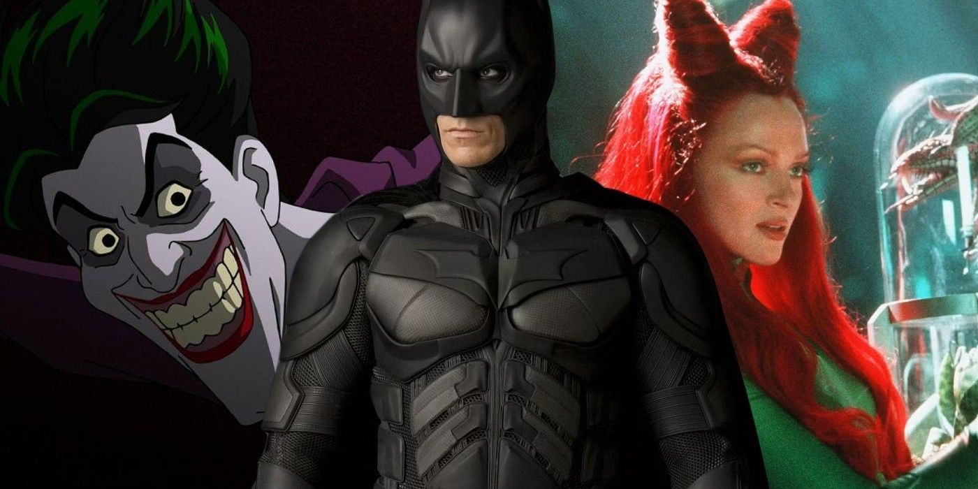 A split image of Christian Bale's Batman, Uma Thurman's Poison Ivy, and The Killing Joke's animated Joker