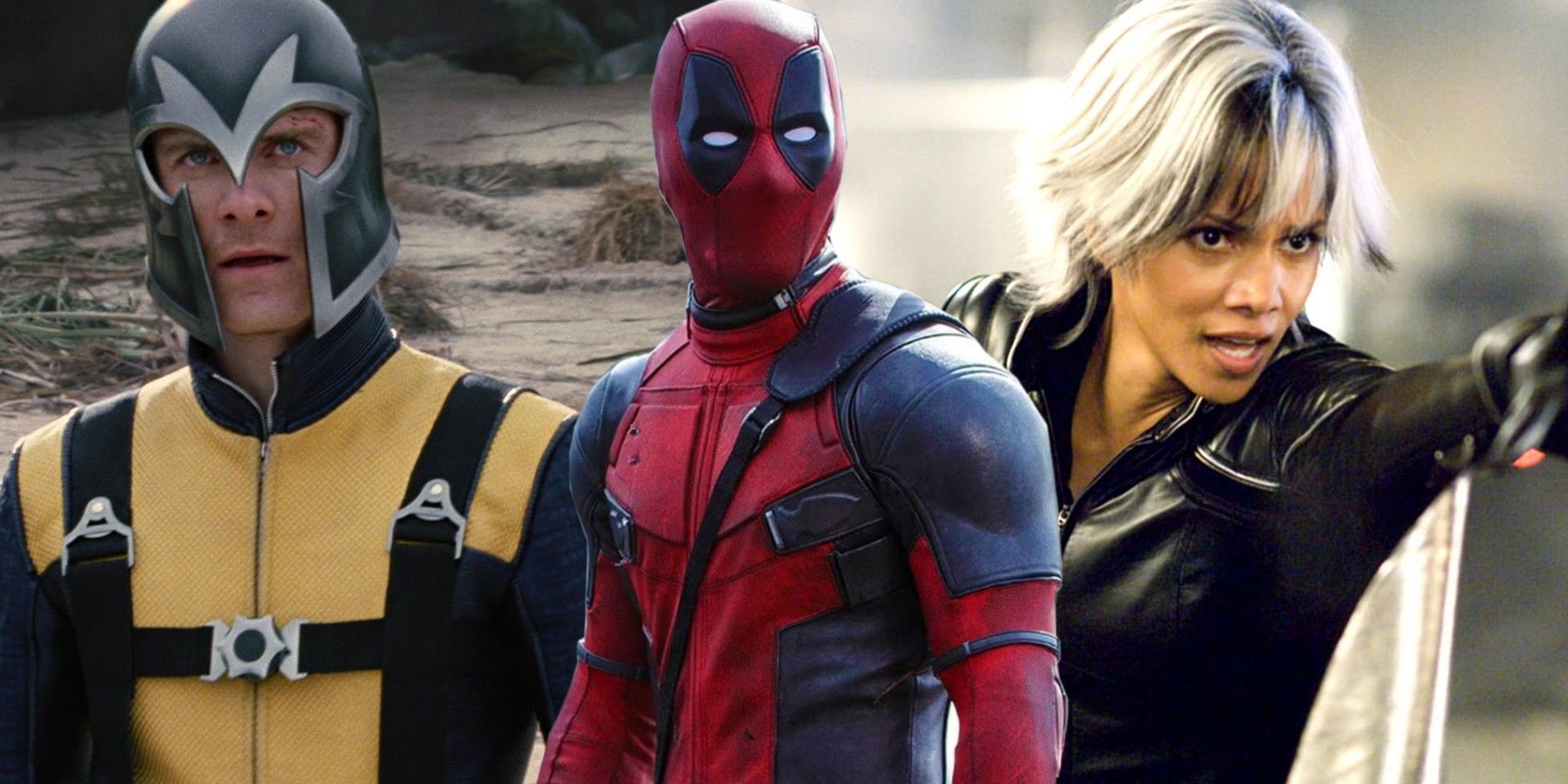 A split image of Deadpool flanked by Magneto and Storm in various X-Men movies