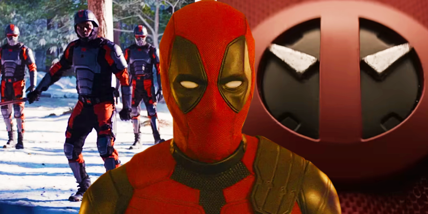 A split image of Deadpool, TVA agents and Deadpool's belt logo in Deadpool & Wolverine