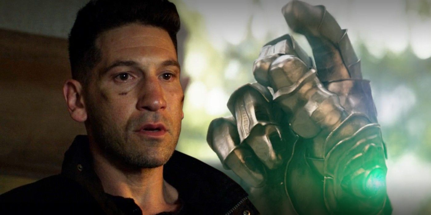 A split image of Frank Castle in The Punisher and Thanos snapping in Infinity War