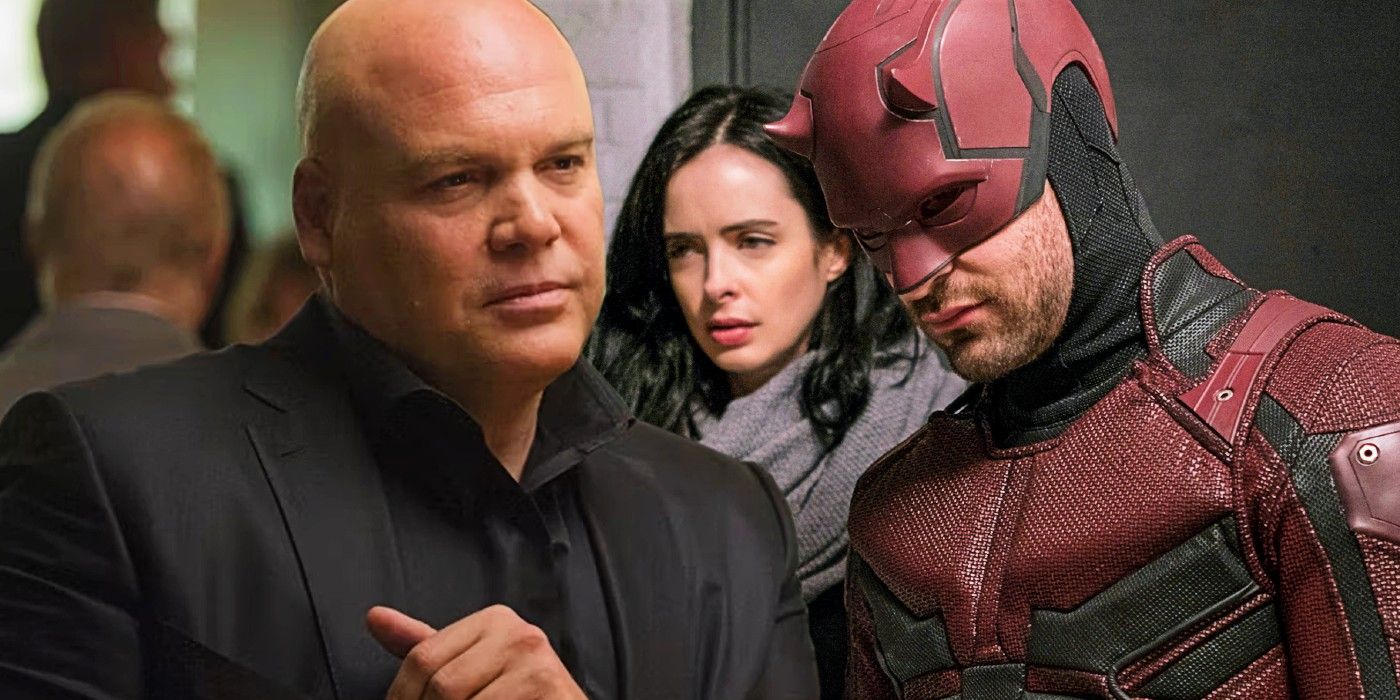 A split image of Kingpin from Daredevil Season 2 and Daredevil and Jessica Jones from The Defenders
