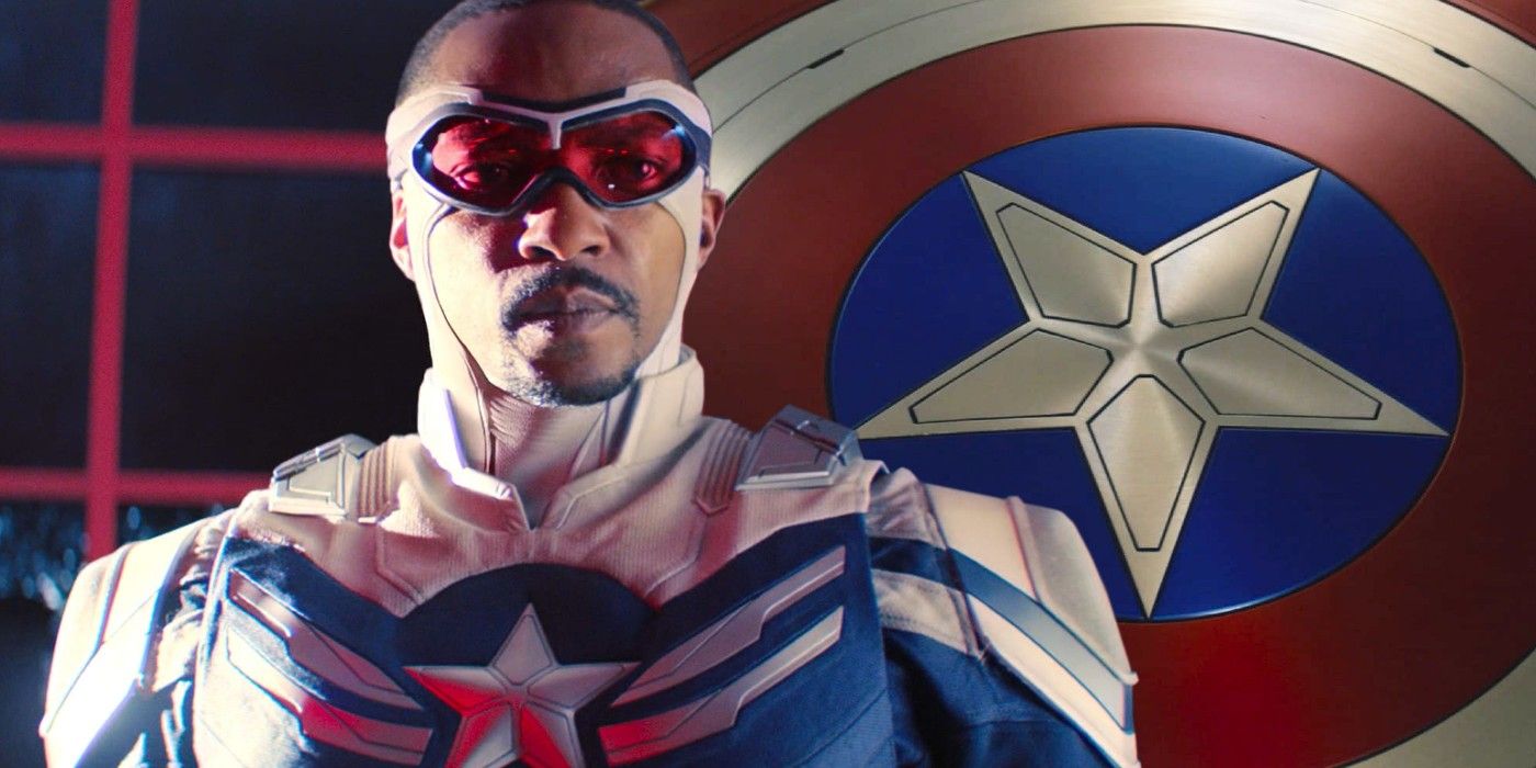 A split image of Sam Wilson in his Captain America suit and the Captain America shield from The Falcon and the Winter Soldier