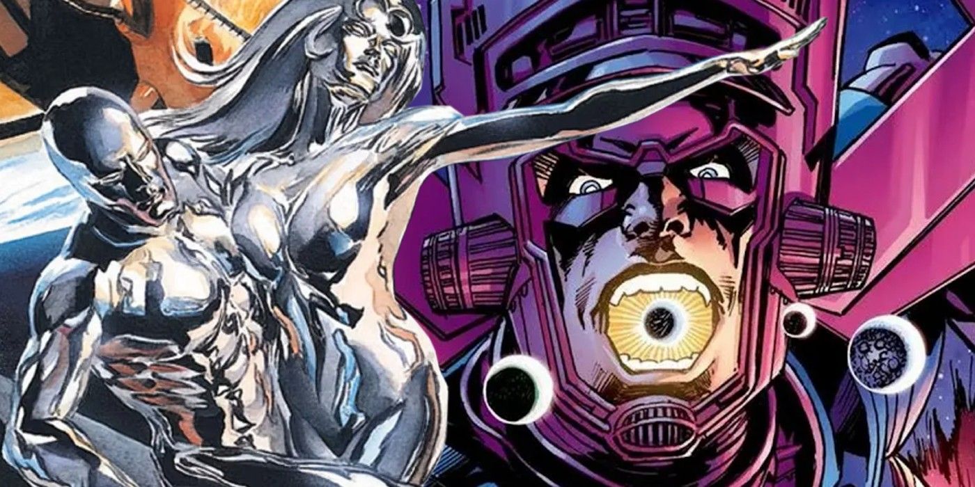 A split image of Silver Surfers Norrin Rad and Shalla Bal & Galactus from Marvel Comics