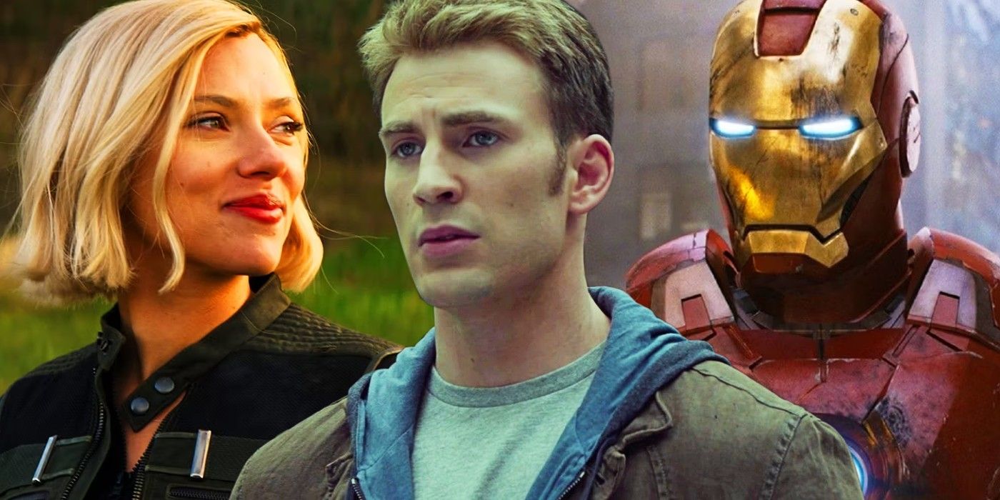 A split image of Steve Rogers, Natasha Romanoff, and Tony Stark in the MCU