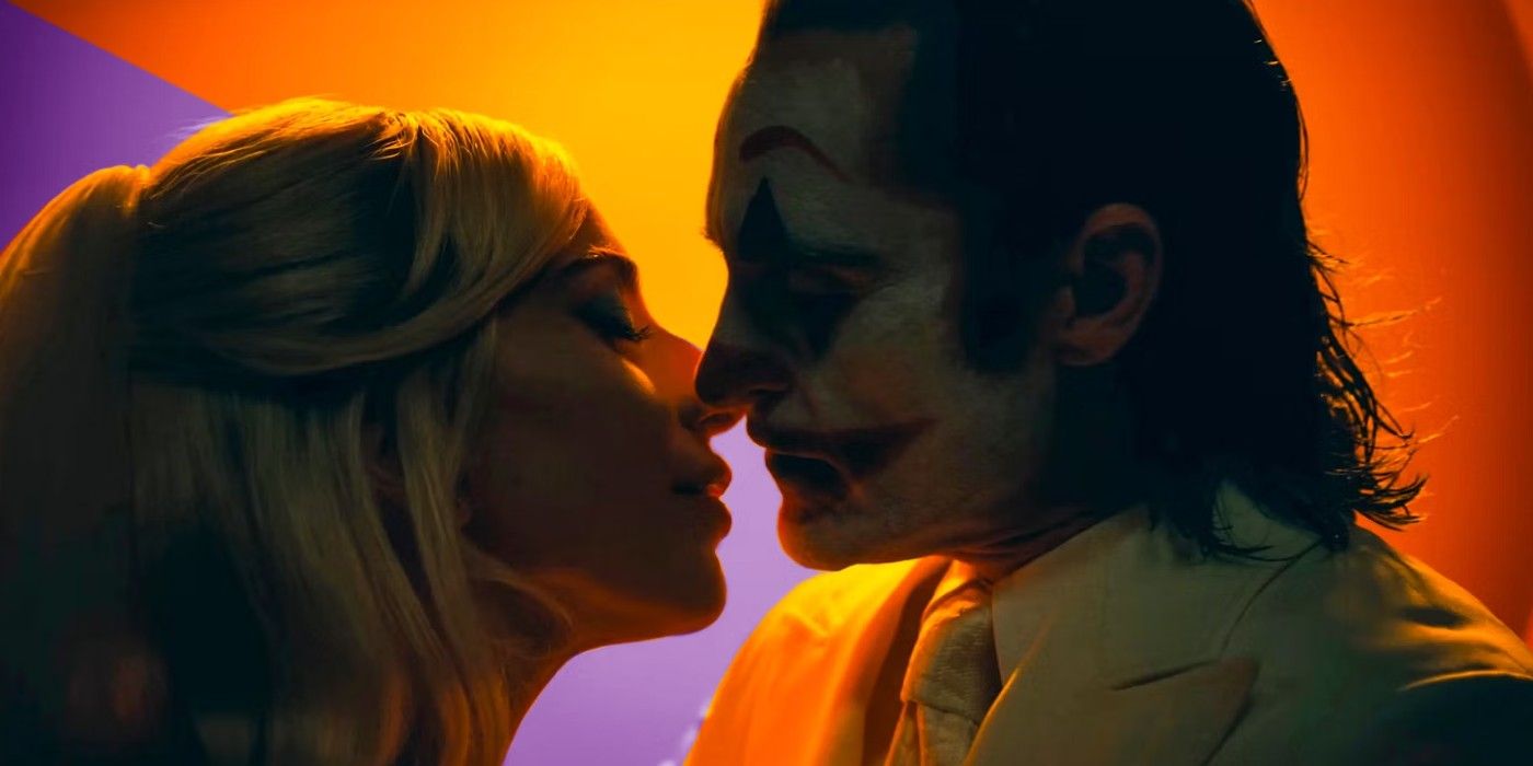 A stylized image of Harley and Joker about to kiss in Joker Folie a Deux