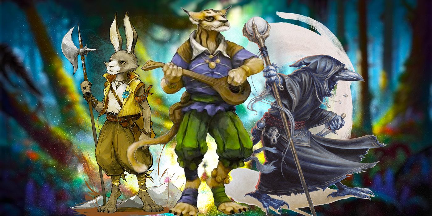 A tabaxi, a harengon, and a kenku from DnD in front of a blurred forest background.