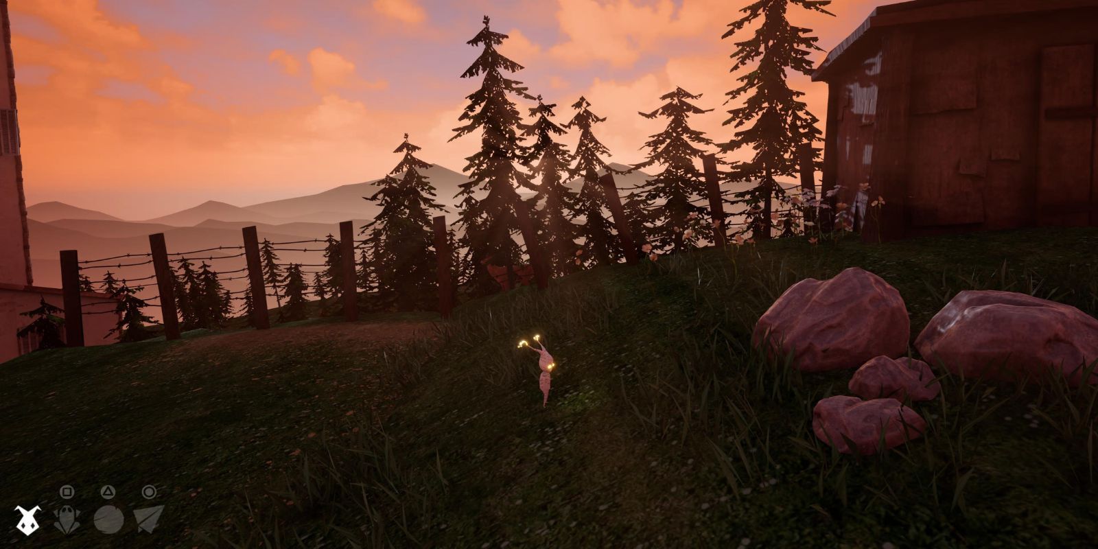 Captura de tela de A Tale of Paper Redolded com linha em um campo ao pôr do sol