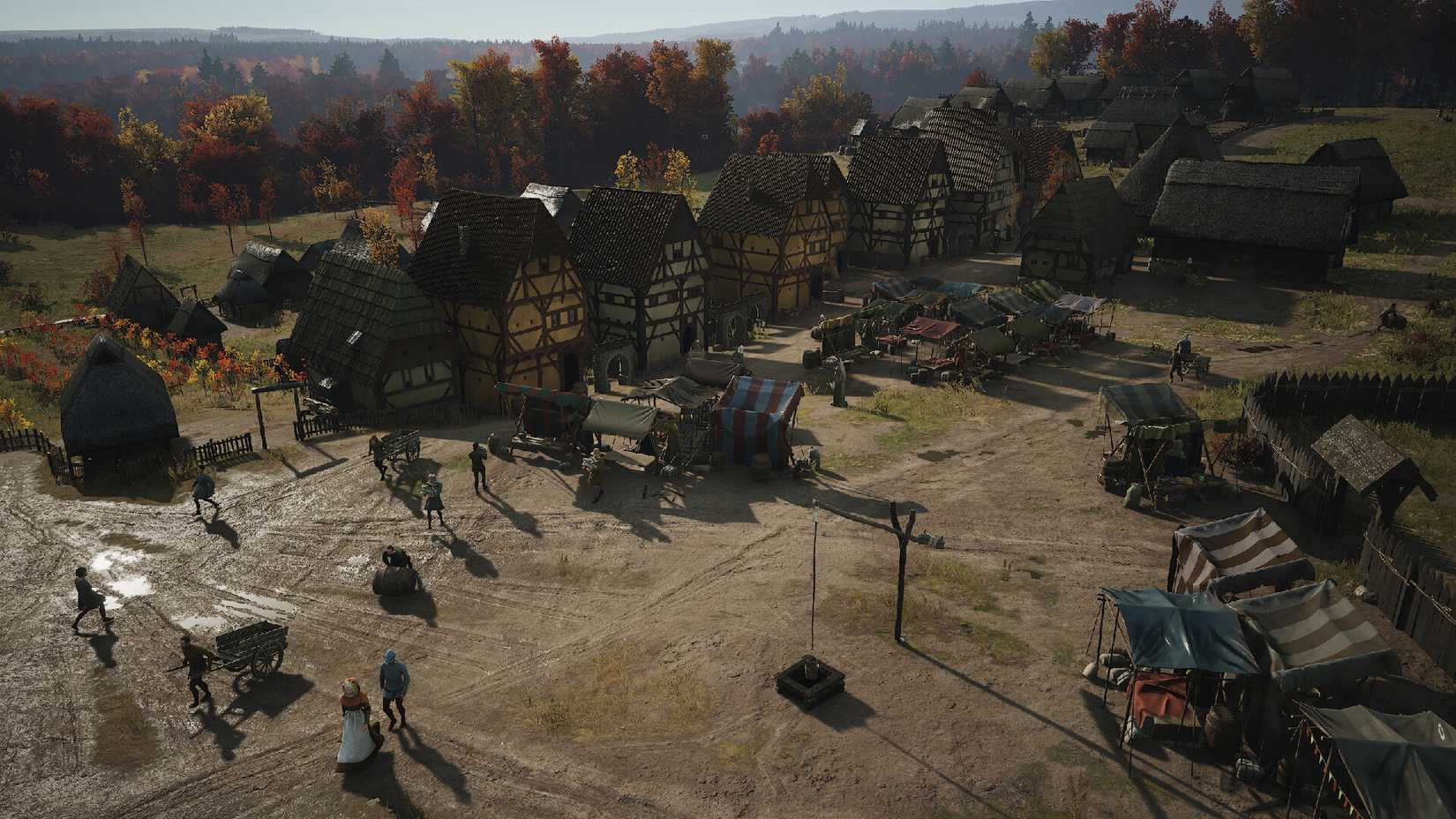 A Thriving Village Centre With Busy Marketplace With Villagers Pushing Carts And Entering Burgage Plots In Manor Lords