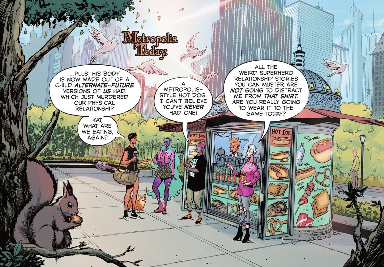 Painel de quadrinhos: Uma barraca de cachorro-quente na A-Town de Metropolis de Hawkgirl.