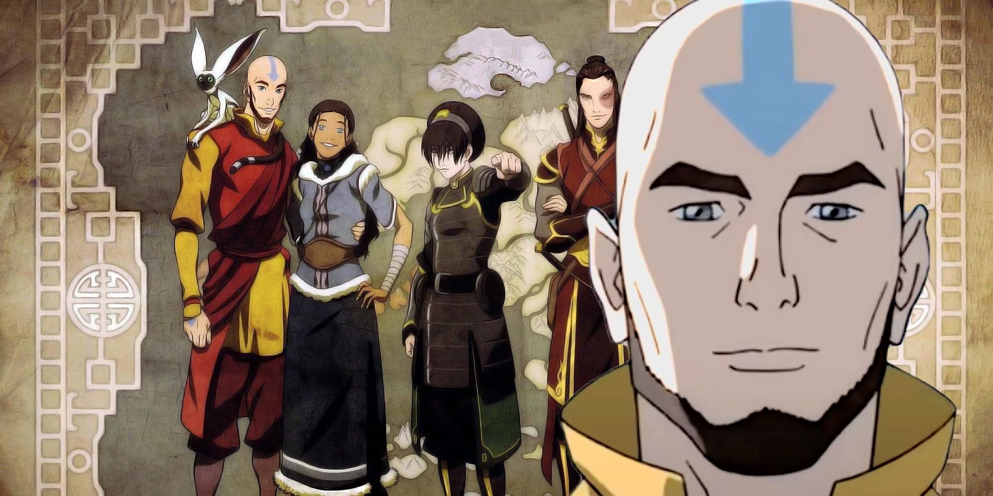A composite image of adult Aang looking on with the adult versions of Aang, Toph, Korra, and Zuko in the background