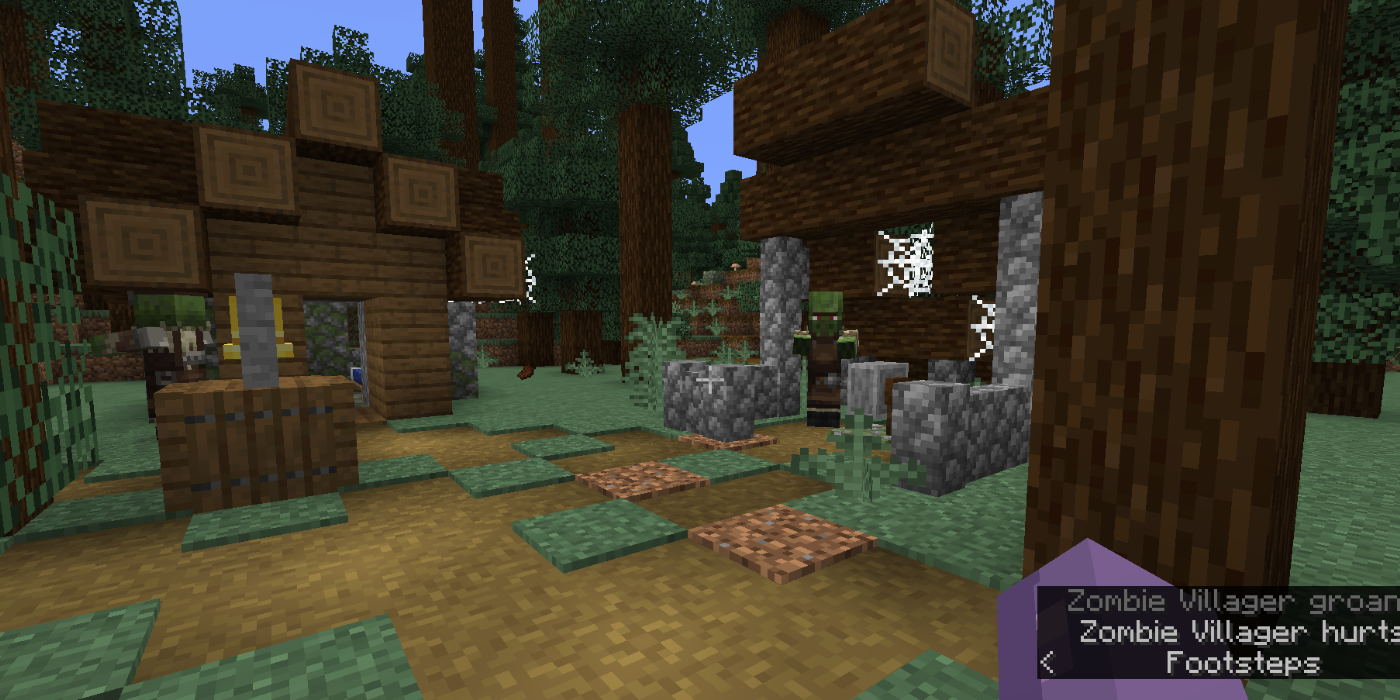 Ferreiro Zumbi em uma vila abandonada de Spruce no Minecraft.