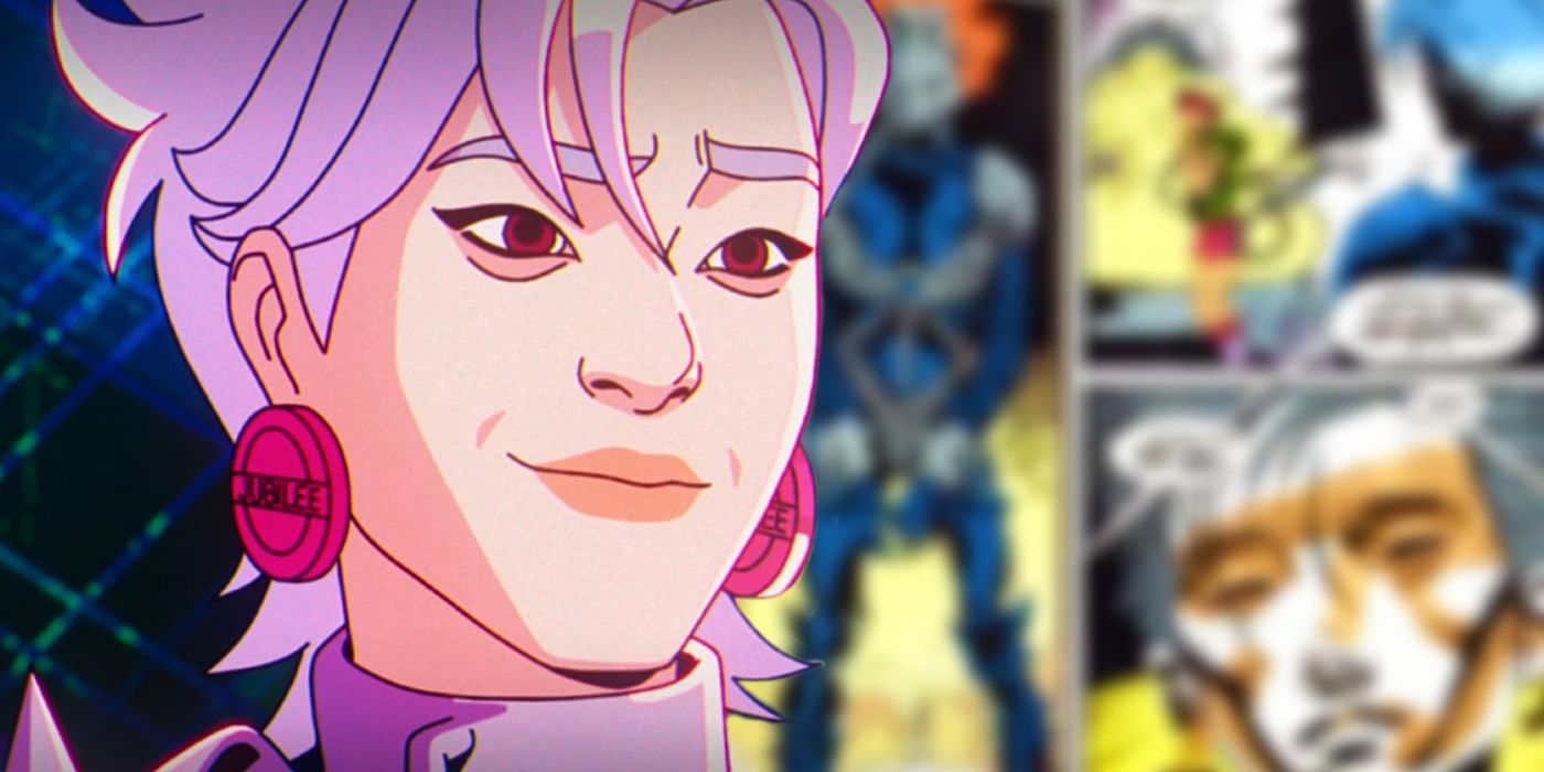 Abscissa sorrindo em X-Men 97 ao lado de um painel desfocado de Abscissa da Marvel Comics